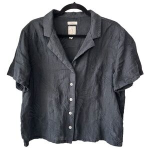 Joie 100% Linen Black Button Down Short Sleeve with Floral Embroidery Size Large